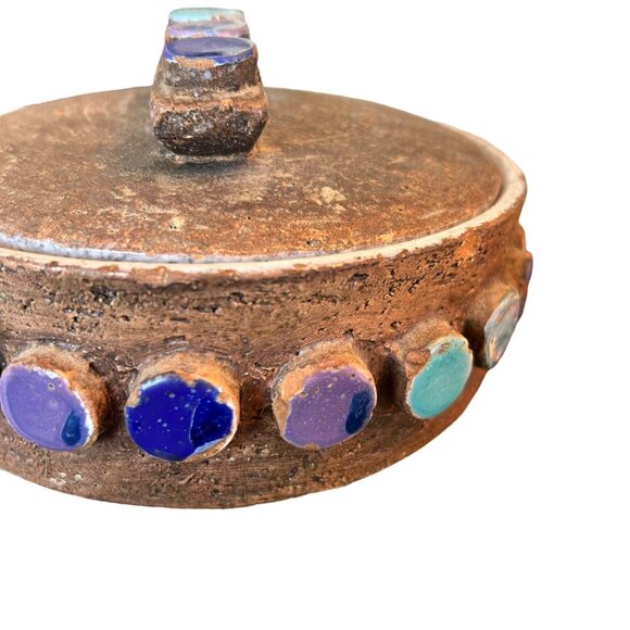 MCM Bitossi Pottery Applied Disc Lidded Covered Bowl #875 Italy Aldo Londi - Picture 8 of 9